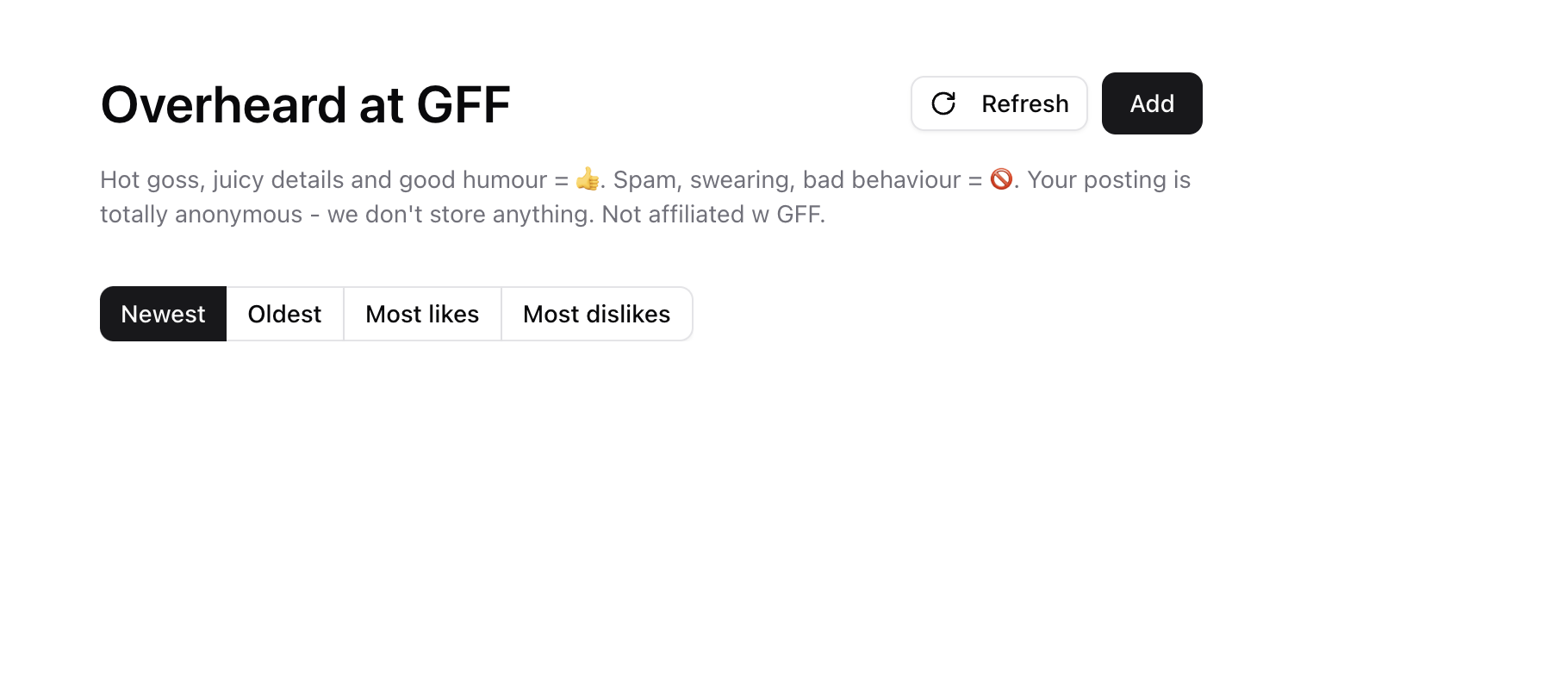 A website with the title "Overheard at GFF" and some anonymous posts