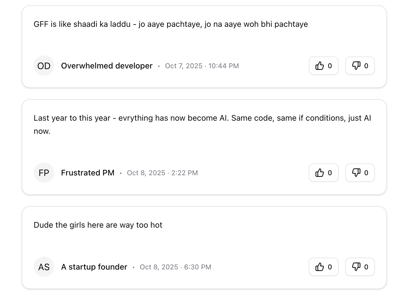 A website with the title "Overheard at GFF" and some anonymous posts